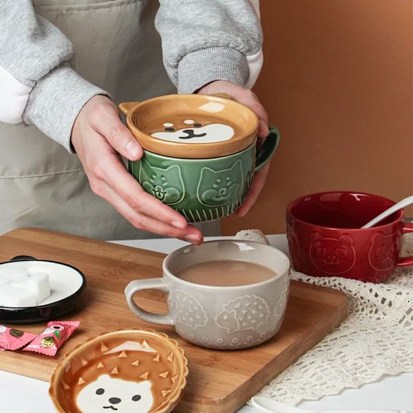 Modern Cute Animals Cartoon Ceramic Cup Embossed Mugs Breakfast Oatmeal Mugs Kids Girl Coffee Cup Birthday Gift Home Decoration