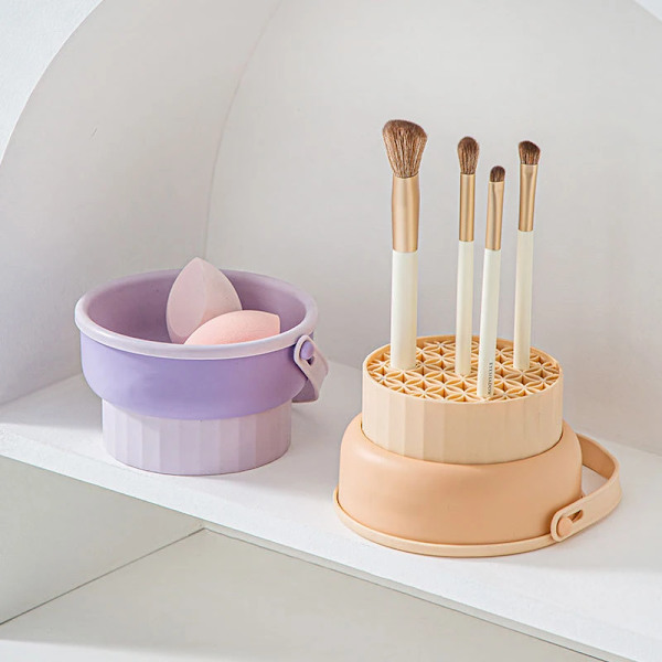 2Pcs Makeup Brush Cleaner Silicone Washing Bowl Foldable Powder Puff Cosmetic Sponge Drying Tool Set Wash Clean Mat Scrubber Box