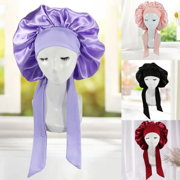 Sweet Hair Cap Head Scarf Lacing Head Cover Solid Color Faux Silk Satin Hair Bonnet  Shower Hat Faux Silk Satin