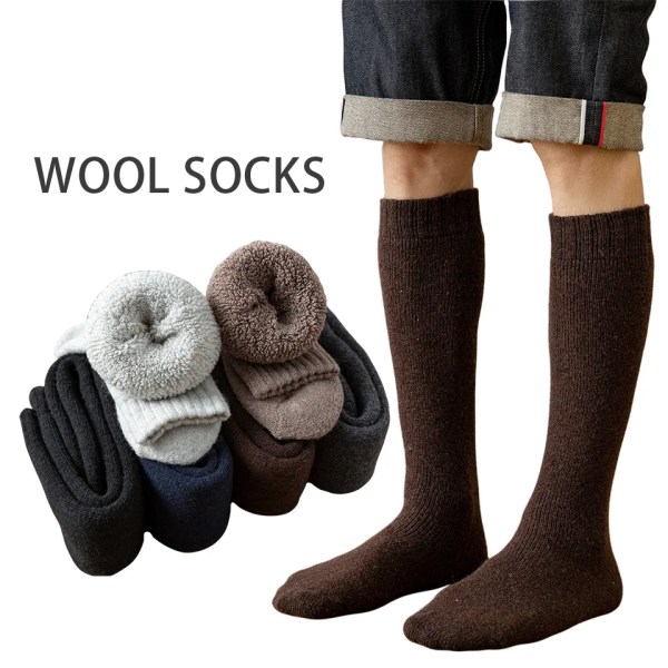 Winter Men's Knee Wool Long Socks Thick Warm Harajuku Retro Compression High Male Sock 3 Pair