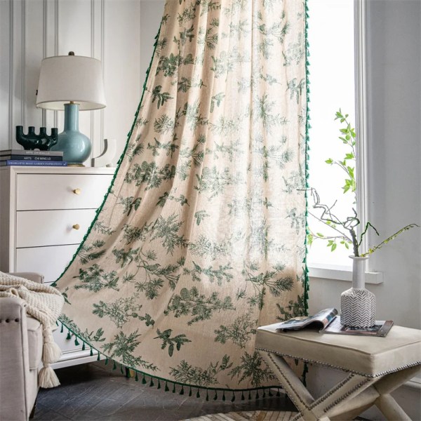 Leaves Print Finished Kitchen Curtain with Tassels Translucent Cotton Linen Room Window Curtain            ԧ   ڧߧߧ   cortina cocina
