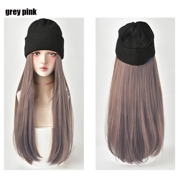 Beanies Hat With Hair Wigs For Women 24 inch Long Straight Hair Synthetic Wig Warm Soft Ski Knitted Autumn Winter Cap