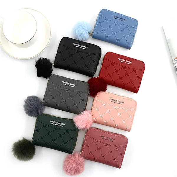 New Embroidered Wallet for Women Ladies Coin Purses Hairball Tassel PU Leather Zipper Credit Card Holder Clutch Money Bag Pocket