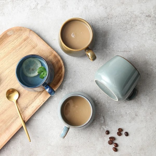 Portable Vintage Cafe Ceramic Retro Round Cup Milk Coffee Tea Water Mug Pottery Material Safety Office Household Water Cup Water