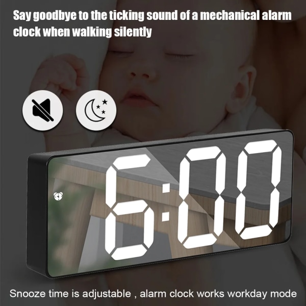 LED Digital Clock Acrylic/Mirror Alarm Clock Voice Control Time Temperature Display Snooze Voice Control Bedside