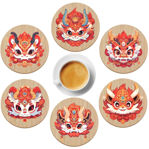 6PCS Kawaii Dragon Year Heat-insulated Tea Cup Pads, Bamboo Coasters, Kitchen Decoration, Home Dinning Placemat