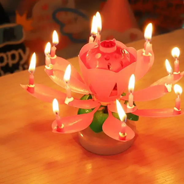 Lotus Candle Solid Paraffin Colorful Flower Shape Flat Bottom Rotating Electronic Candle Birthday Cake Music Candles Party