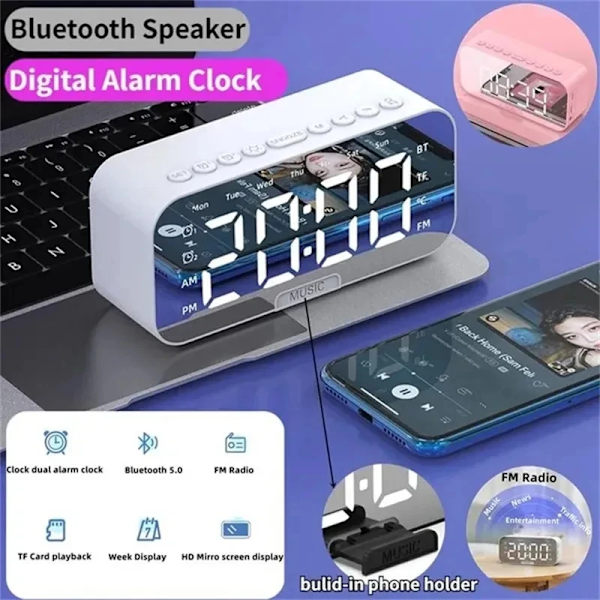 New 4IN1 Digital Alarm Clock LED Mirror Bluetooth Speaker Dual Alarm Clocks Music Player FM Radio Desktop Alarm Clock Speaker