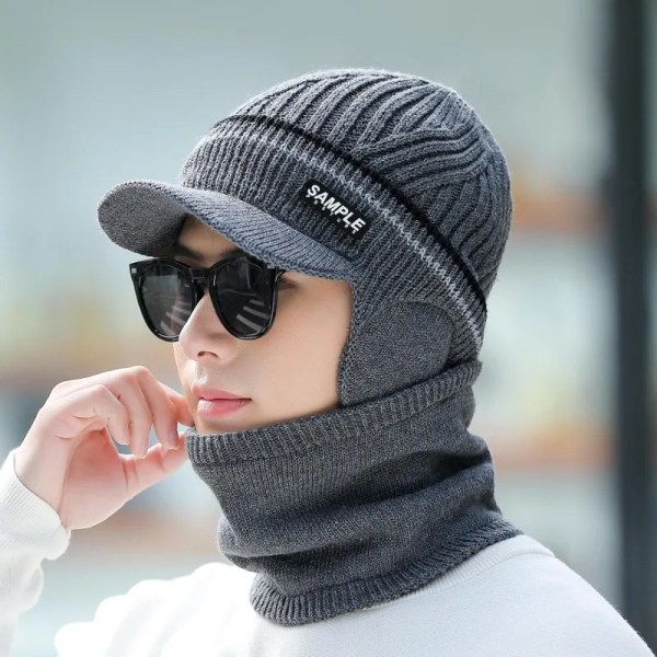 Knitted Visor Winter Hat Thicken Warm Earmuffs Skullies Beanies for Men Women Wool Scarf Caps Cycling Ski Mask Balaclava Bonnet