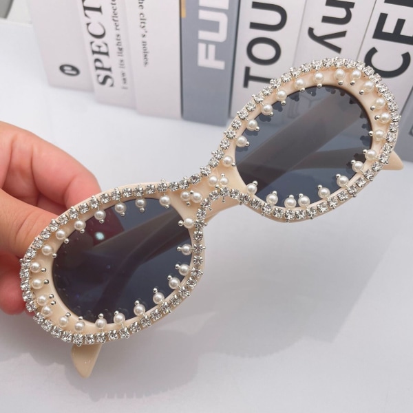 Women Oval Sunglasses UV400 Bling Pearl Rhinestone Elegant Personalized Party AT