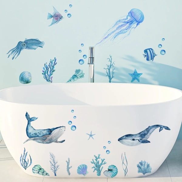 Sea Animal Wall Stickers for Bathroom Shower Room Whale Seaweed Jellyfish Bubble Wall Decals Bathtub Wall Decor Stickers Murals