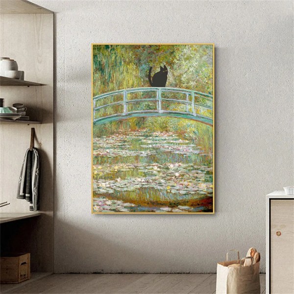 Monet Waterlily Cat Print Funny Black Cat Poster Print Canvas Wall Art Van Gogh Cafe Terrace Painting for Living Room Home Decor