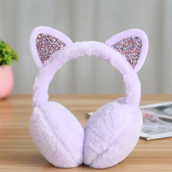 Lovely Women Girl Fur Winter Ear Warmer Cute Earmuffs Cat Ear Muffs Glitter Sequin Earflaps Soft Plush Headphones Warm Headband