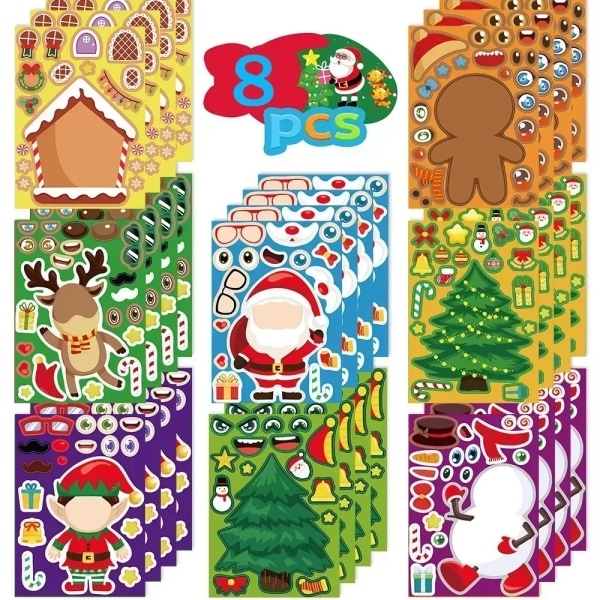 8Pcs Children DIY Puzzle Sticker Toys Santa Christmas Tree Socks Make a Face Assemble Stickers Kids Boys Girls Christmas Gifts