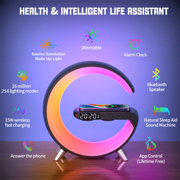 Wireless Charger Alarm Clock Bluetooth Speaker LED Smart Radio 256 RGB Light