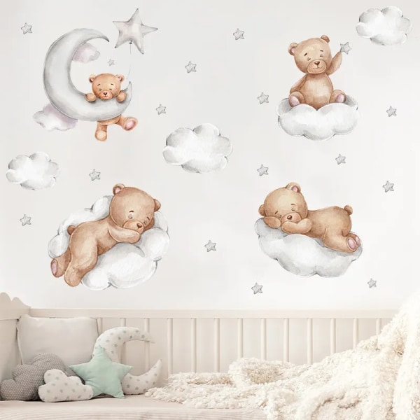 Cute Cartoon Bear Wall Stickers for Kids Rooms Boys Girls Baby Room Decoration Child Wallpaper Nursery Decor Self-Adhesive Vinyl