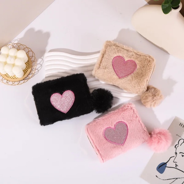 Women Plush Short Wallet Kawai Heart Zipper Coin Money Bags Purse Fashion Pouch Business Card Holder Hasp Small Cute Clutch