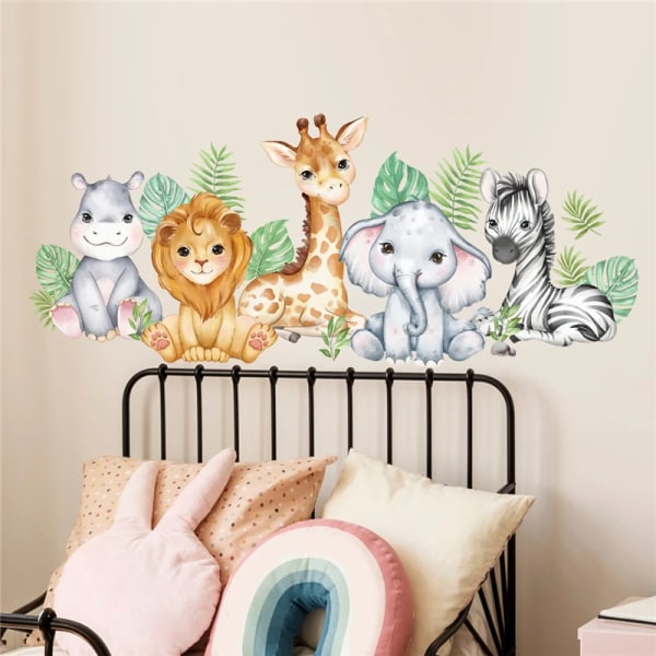Cartoon Jungle Animals Leaves Wall Stickers for Kids Rooms Baby Nursery Children Room Decoration Elephant Giraffe Kids Wallpaper