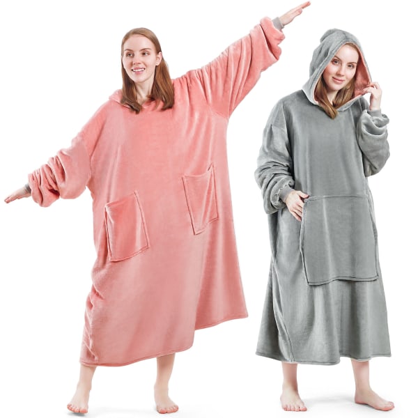 Wearable Blanket Oversized Flannel Blanket Hoodie Double-Sided Grey&Pink