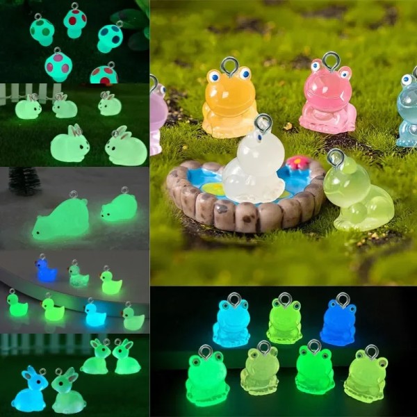 10pcs Luminous Resin Pendants Cute 3D Duck Frog Mushroom Rabbit Fish Charms for DIY Making Earring Keychain Jewelry Accessories