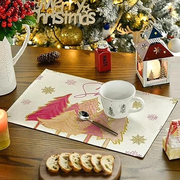 Pink Christmas Tree Let It Snow Snowflake Winter Placemats Set of 4 12x18 Inch Table Mats for Party Kitchen Dining Decoration