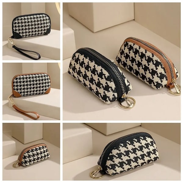New Houndstooth Women's Long Style Canvas Zipper Wallet Large Capacity Handbag Korean Fashion Car Key Bag Card Bag Coin Purse
