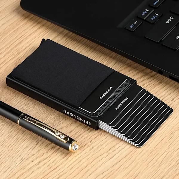 Slim Aluminum Wallet with Elasticity Back Pouch ID Credit Card Holder Mini RFID Wallet Automatic Pop Up Bank Card Case Men Purse