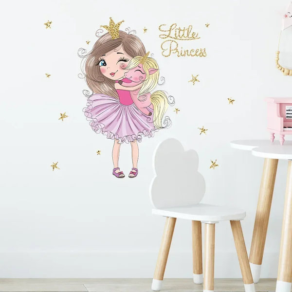 Cartoon Little Princess and Unicorn Wall Stickers Vinyl Decorative Wall Decals Nursery Mural Poster Baby Girl Bedroom Decoration