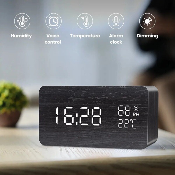 Wooden USB/AAA Powered Table Watch With Temperature Digital LED Alarm Clock-
