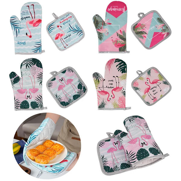 2Pcs Flamingo Pattern Hot Oven Mitts Baking Anti-Hot Gloves Microwave Insulation Mat Baking Kitchen Tools Non-slip Glove