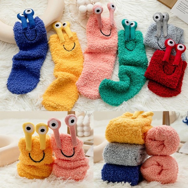 Japanese Style Women Winter Fuzzy Slipper Socks Novelty Funny 3D Cartoon Frog Eyes Harajuku Bright Solid Color Fluffy Plush