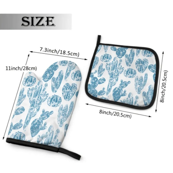 Blue Cactus Oven Mitt and Pot holder Set Heat Resistant Non Slip Kitchen Gloves with Inner Cotton Layer for Cooking BBQ Baking