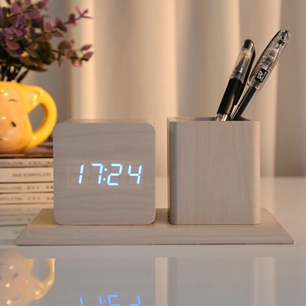 Digital Alarm Clock Led Time Display With Wooden Pen Holder Desk Alarm Clock