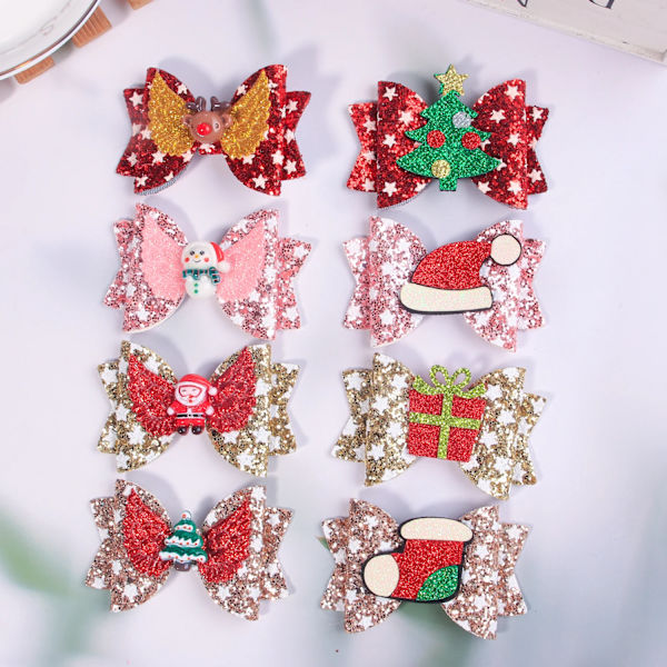8PC Cute Star Hair Bows Clips 3inch Glitter Christmas Bows Hairpins Children Kids Party Hair Accessories
