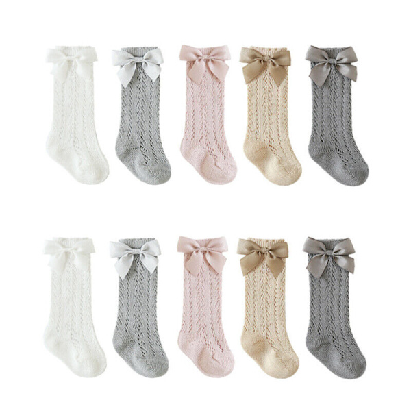 2 Pairs Hollow Bow Girls Solid Color Cute Frilly Mesh Sock Breathable Stocking