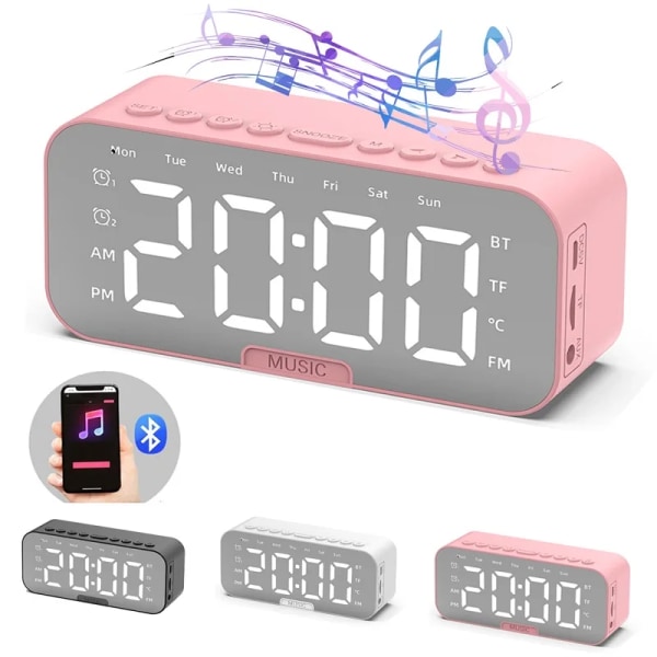Bluetooth Speaker with Large LED Mirror Screen Digital Alarm Clock with FM Radio Phone Holder Temperature For Bedroom Office