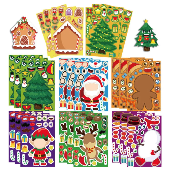 16 Sheets Children DIY Puzzle Sticker Santa Christmas Tree Socks Face Assemble Stickers Kids Handicraft Haterproof Gifts