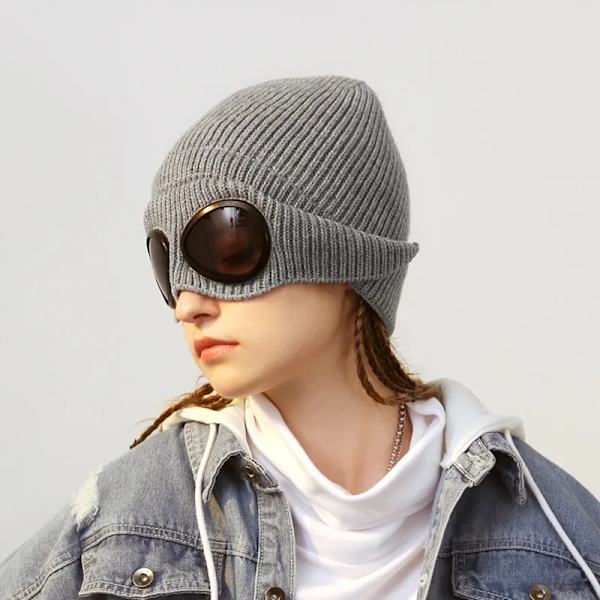 Brimless Hat With Goggles For Men And Women In Winter Hat Neutral Solid Color Skull Knitted Hat In Winter