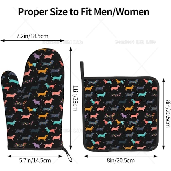 Oven Mitt and Pot Holders 2 Pieces Set Dachshund Dog with Bones Cotton Lining Non-Slip BBQ Gloves for Kitchens Cooking Baking