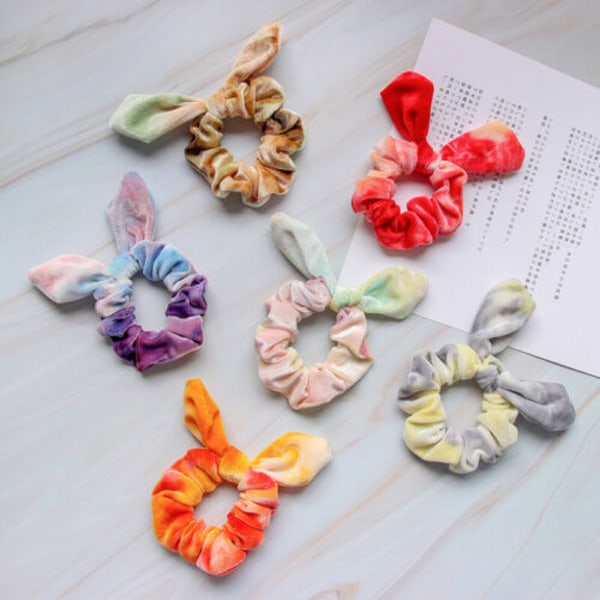 Women Tie-dye Elastic Hair Ties Rabbit Ear Hair Ring Velvet Bow Scrunchies Ropes