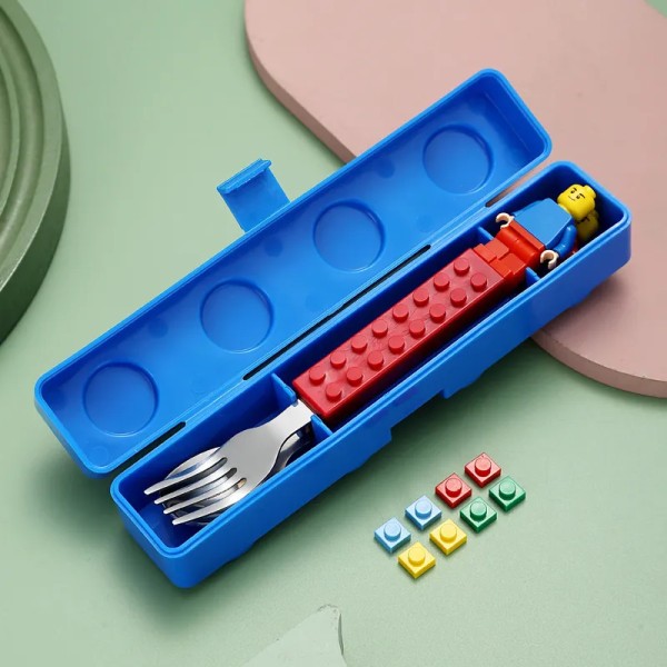 304 Stainless Kids Funny Fork Spoon Set Children Building Block Toys Cartoon Steel Tableware Portable Storage Jigsaw Puzzle Toys