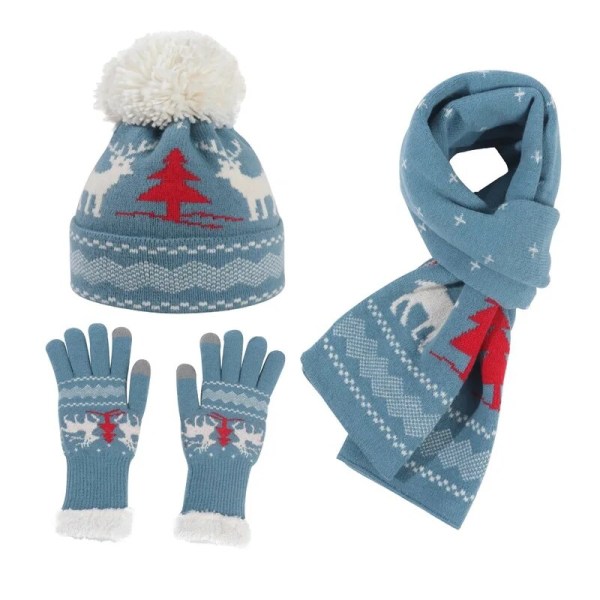 3pcs Set Women Winter Christmas Cosplay Knitted Hat Gloves Scarf Set New Year Gift Thickened Beanie Cap Set Long Scarf blue blå