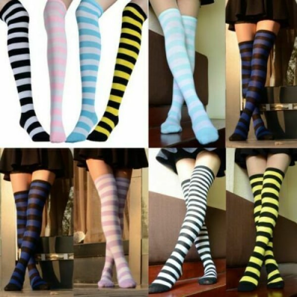 Fashion Women's Cotton Socks Thigh High Striped Over the Knee Slim Leg Stockings