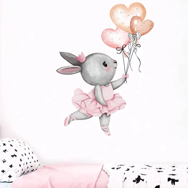 Cartoon Grey Ballet Rabbit with Heart Balloon Wall Decals Baby Girls Room Decor Wall Sticker Kindergarten Nursery Room Wallpaper