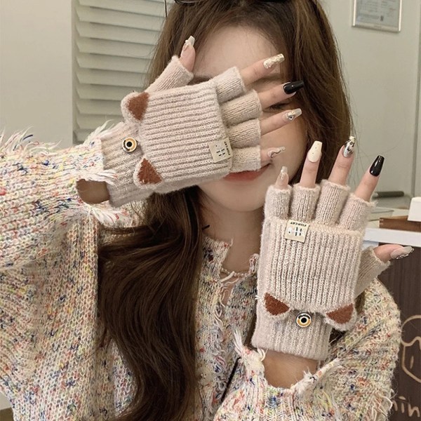 Winter Warm Thickening Knitted Gloves Women Sweet Cute Cat Ear Flip Fingerless Thick Gloves Hand Warmer Mittens Girls Glove