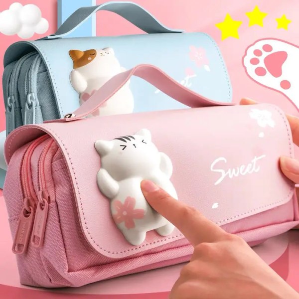 Kawaii Cat Decompression Pencil Case Large Capacity Pencil Box Double Layer Bag Portable Storage Box School Pouch Stationery