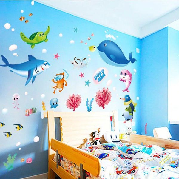 Cartoon Ocean Wall Stickers for Kids Room Bathroom Decoration Wallpapers Removable Self-adhesive Vinyl Decals Poster Murals