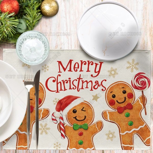 Merry Christmas Gingerbread Man Placemats Set of 4 Xmas Peppermint Candy Snowflake Farmhouse Dining Table Place Mats Winter