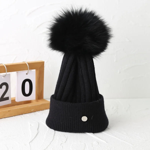 Natural fox Pom Pom Beanies Winter Hat Children Women mink Fur Pompoms Kids Girls Knitted Hat Fashion Ear Protection Wool Hat
