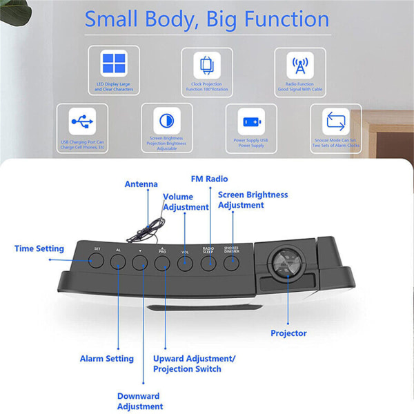 USB Projection Alarm Clock Snooze Digital LED Display Dual Alarm Clock FM Radio
